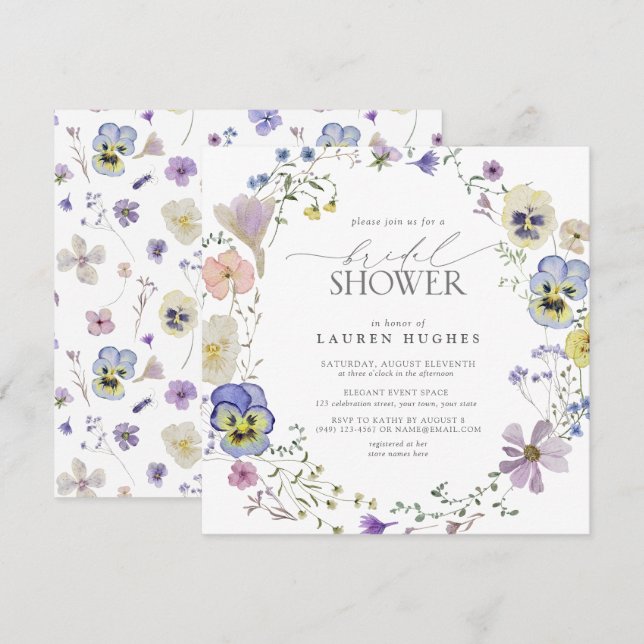 Vintager Blauer Lavendel Pressen Wildblume Dusche Einladung (Vorne/Hinten)