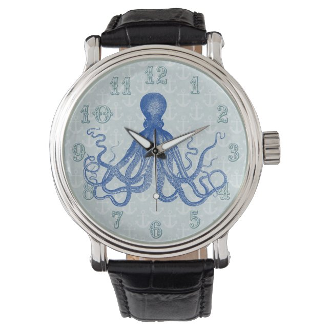 Vintager Blauer Oktopus mit Ankern Armbanduhr (Vorderseite)