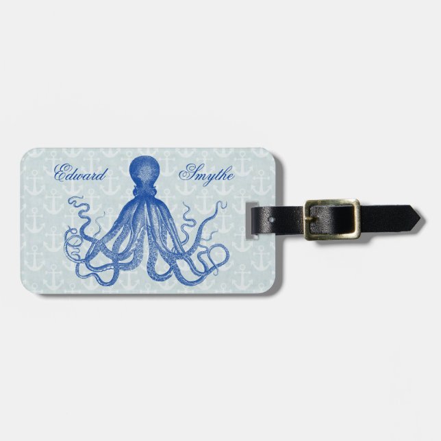 Vintager Blauer Oktopus mit Ankern Personalisiert Gepäckanhänger (Vorderseite horizontal)