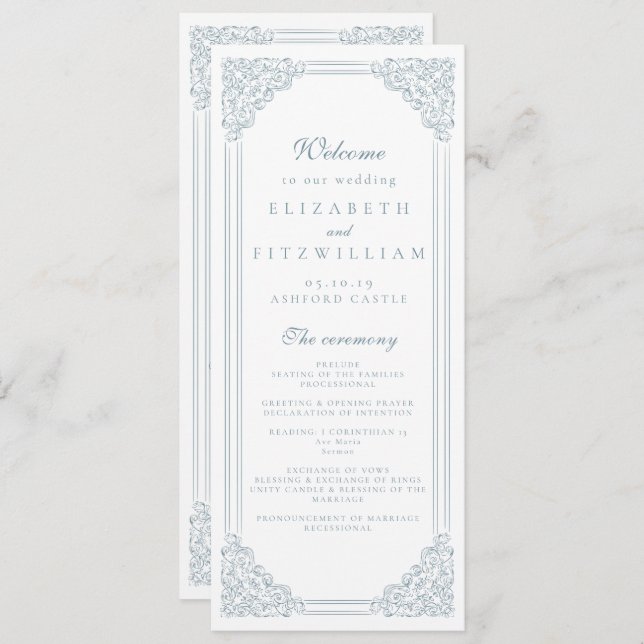 Vintager Blauer Rahmen Elegante Script-Hochzeit (Vorne/Hinten)