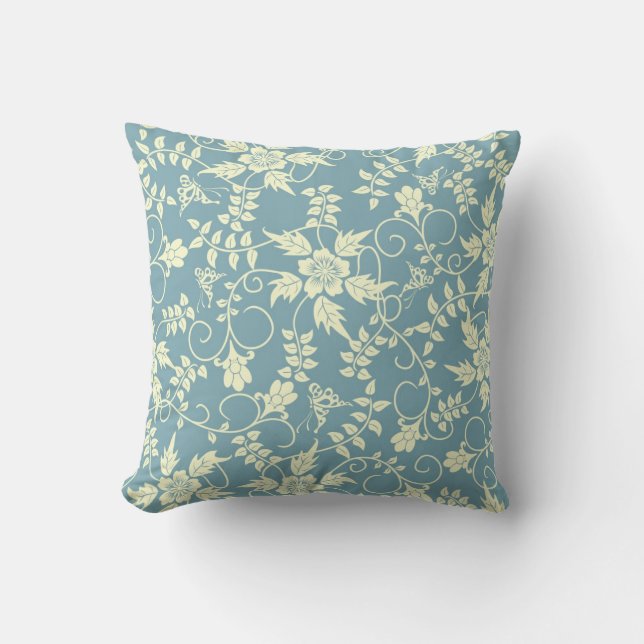 Vintager blauer Schmetterling Blumenthrowkissen Kissen (Vorderseite)