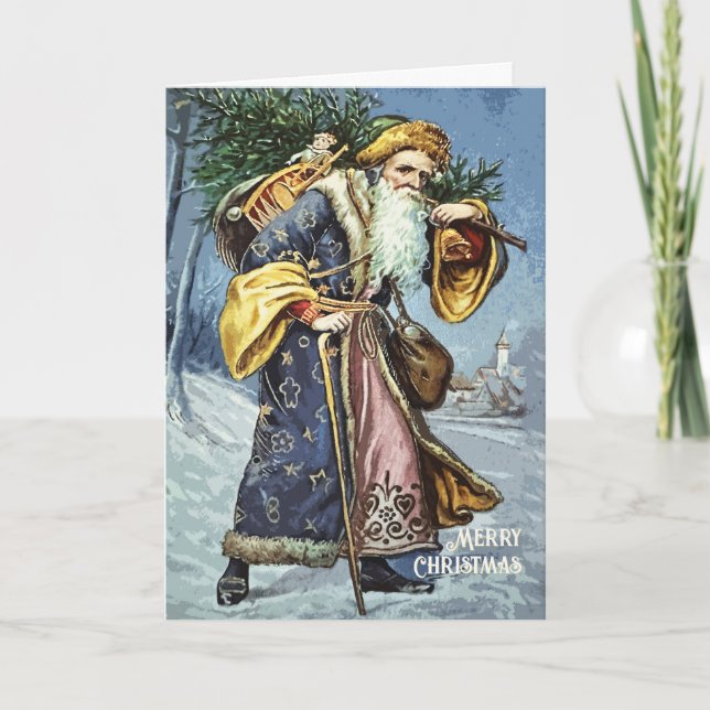 Vintager Blauer Vater Weihnachtsbaum und Spielzeug Karte (Vorderseite)