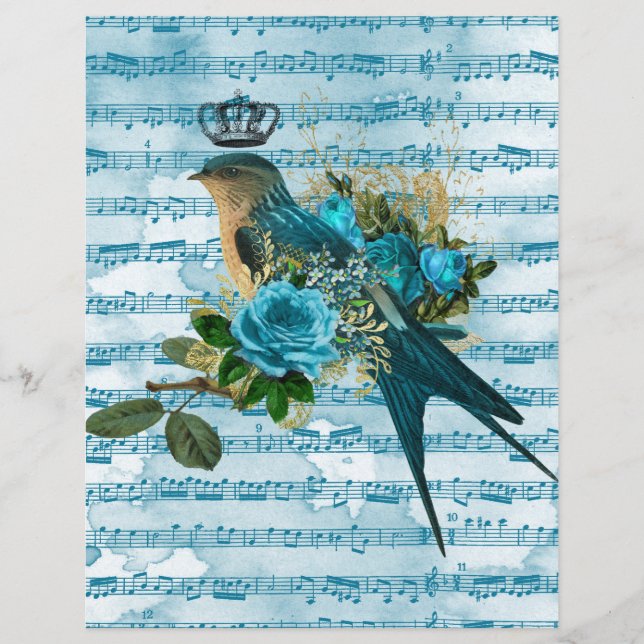 Vintager Blauer Vogel auf Blatt-Musik-Scrapbook (Vorderseite)