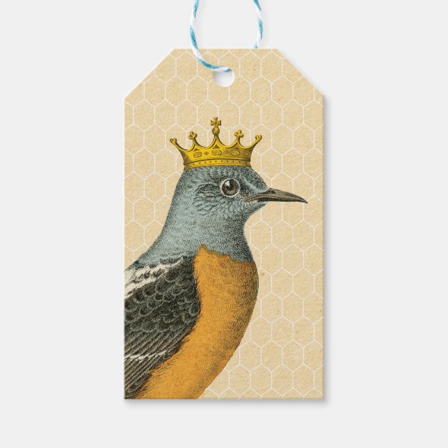 Vintager Blauer Vogel mit Goldkrone Geschenkanhänger (Vorderseite)