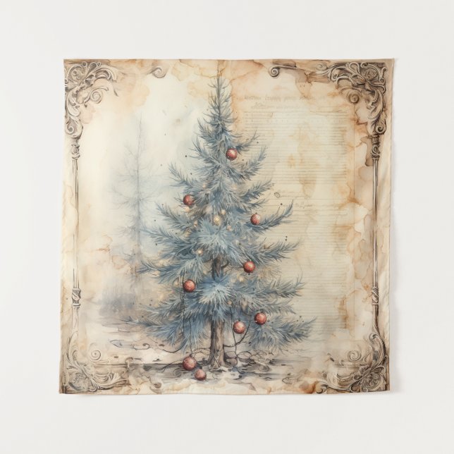 Vintager Blauer Weihnachtsbaum Wandteppich (Vorderseite)