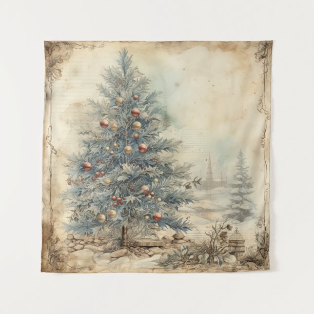 Vintager Blauer Weihnachtsbaum Wandteppich (Vorderseite)