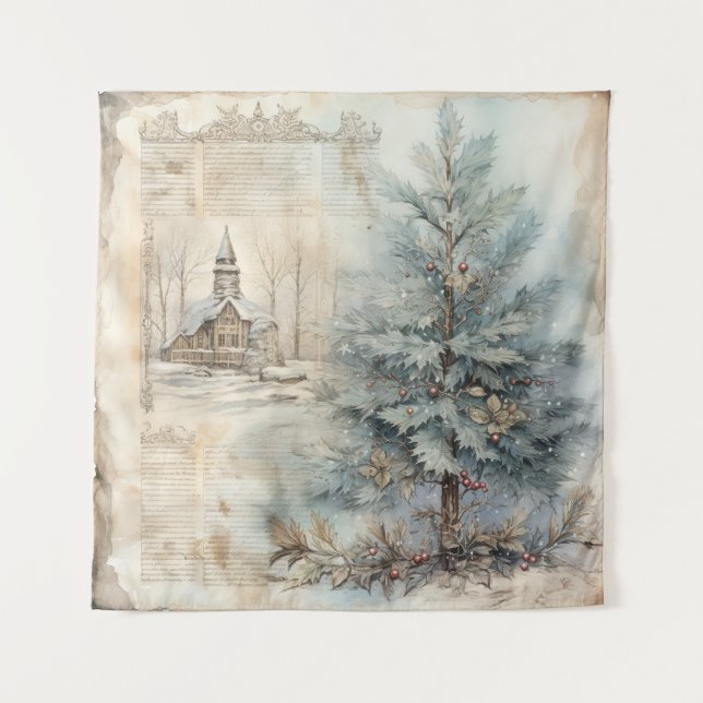 Vintager Blauer Weihnachtsbaum Wandteppich (Vorderseite)
