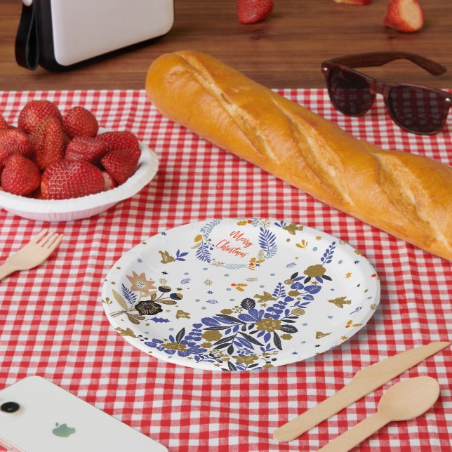 Vintager Blauer Weihnachtsbird-Blume Tree Pappteller (Picknick)