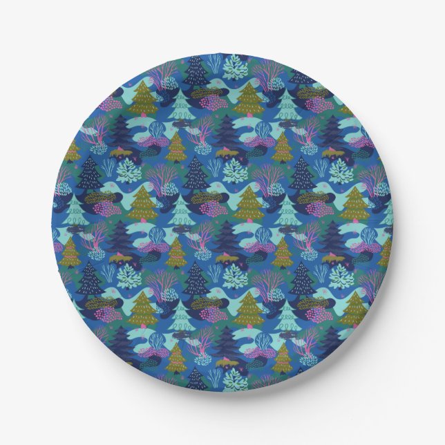 Vintager Blauer Winter Weihnachtsbaumwald Pappteller (Vorderseite)