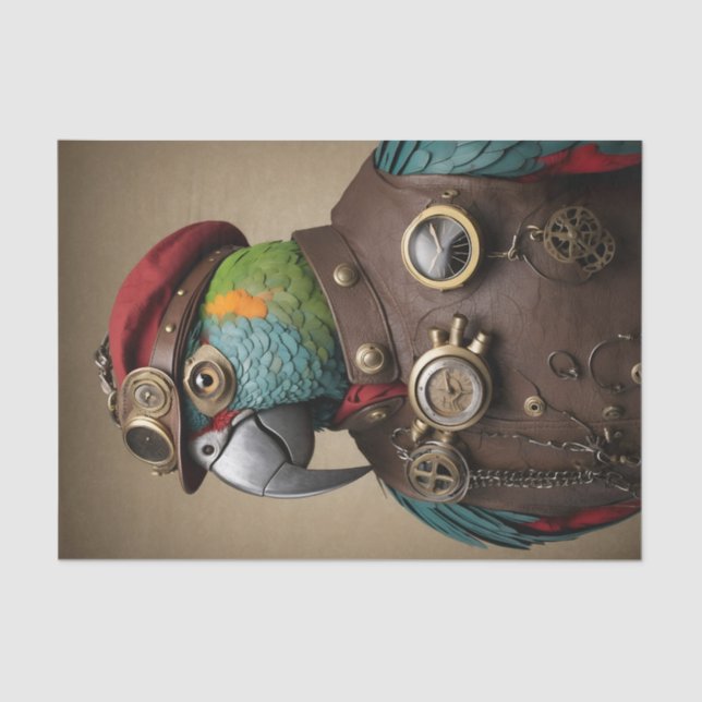 Vintager Blue Steampunk Parrot mit Red Hat Seidenpapier (Vorderseite)
