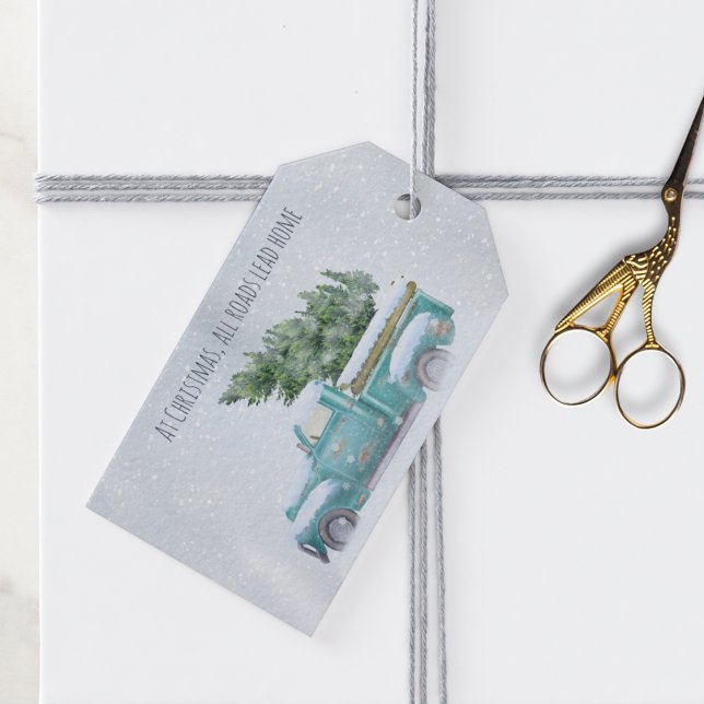 Vintager Blue Truck mit Weihnachtsbaum Geschenkanhänger (Von Creator hochgeladen)