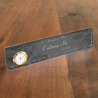 Vintager Blüh (schwarz) (Monogramm) Namensplakette