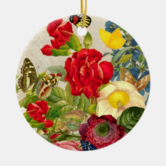 Vintager Blumen-Blumenstrauß mit Schmetterlingen Keramik Ornament (Vorne)