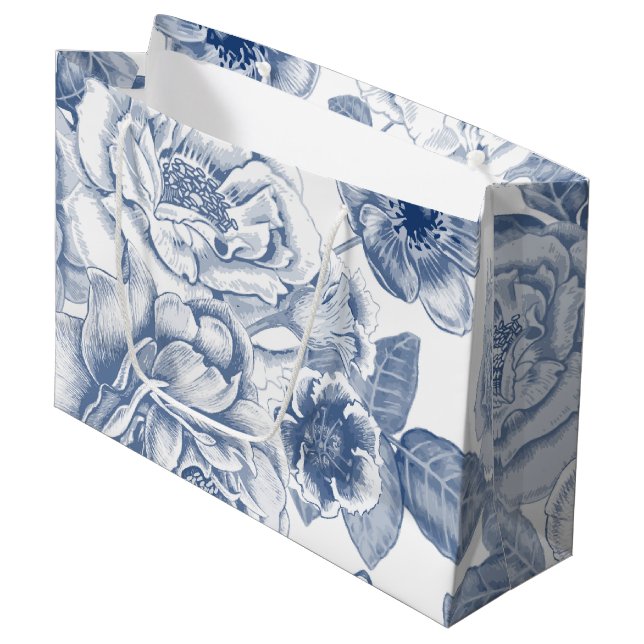 Vintager Blumenbeutel, blau weiß, Party Große Geschenktüte (Vorderseite Schrägansicht)