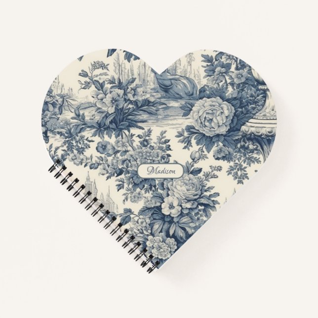 Vintager Blumenchic Blue Toile de jouy Monogram Notizbuch (Vorderseite)