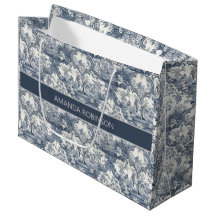 Vintager Blumendamast Blauer Toile de jouy Monogra