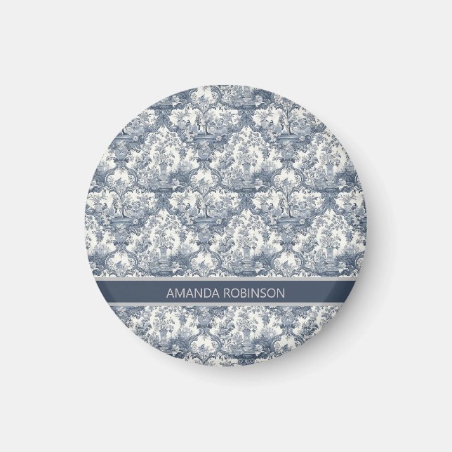 Vintager Blumendamast Blauer Toile de jouy Monogra Magnet (Vorne)