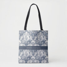 Vintager Blumendamast Blauer Toile de jouy Monogra