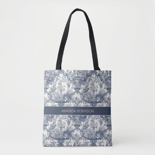 Vintager Blumendamast Blauer Toile de jouy Monogra Tasche (Vorderseite)