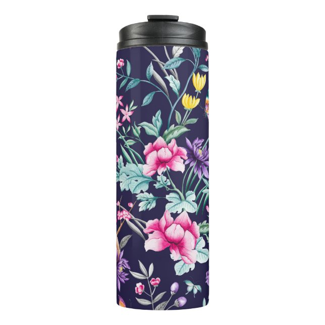 Vintager Blumengarten Regenbogen Butterfly Blau Thermosbecher (Vorderseite)