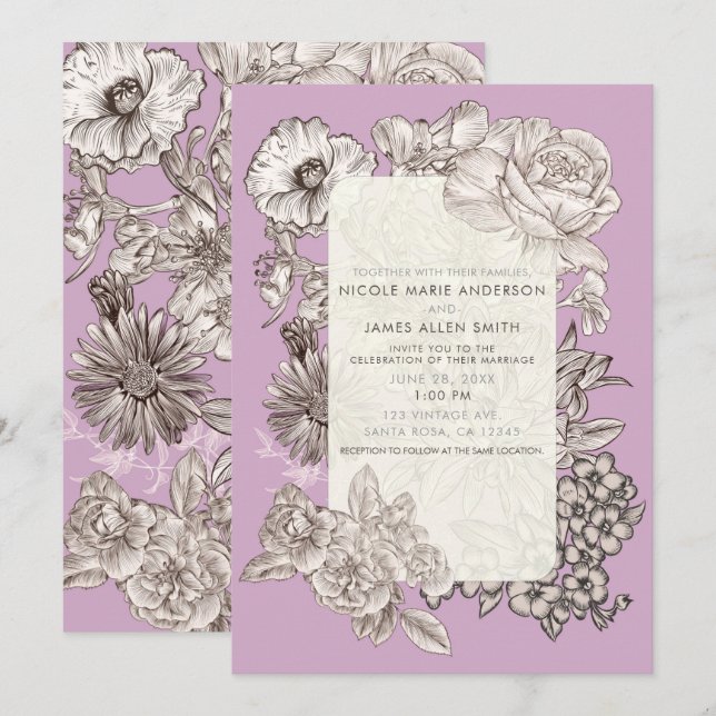 Vintager Blumenlavender Lila Moderne Hochzeit Einladung (Vorne/Hinten)