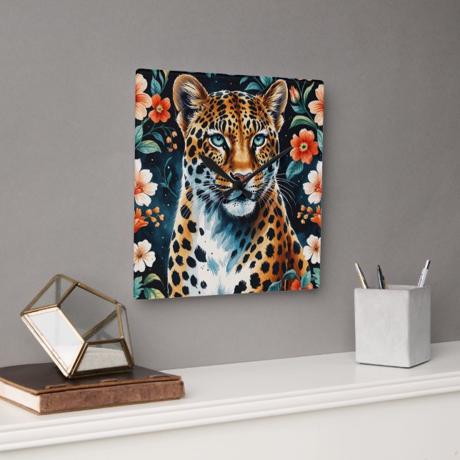 Vintager Blumenleopard Quadratische Wanduhr (Büro)