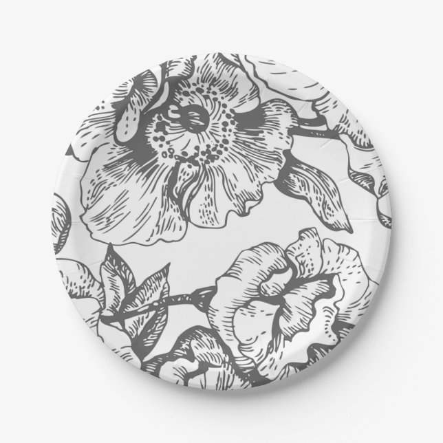 Vintager BlumenSchwarzweiss-Teller Pappteller (Vorderseite)