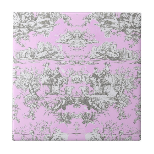 Vintager Blütensee Rosa Toile de jouy Monogramm Fliese (Vorderseite)