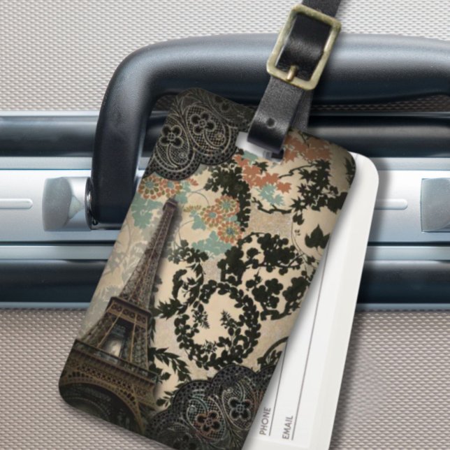 Vintager, böhmisch-blumengeschmückter Eiffelturm Gepäckanhänger (bohemian black floral vintage paris eiffel tower luggage tag)