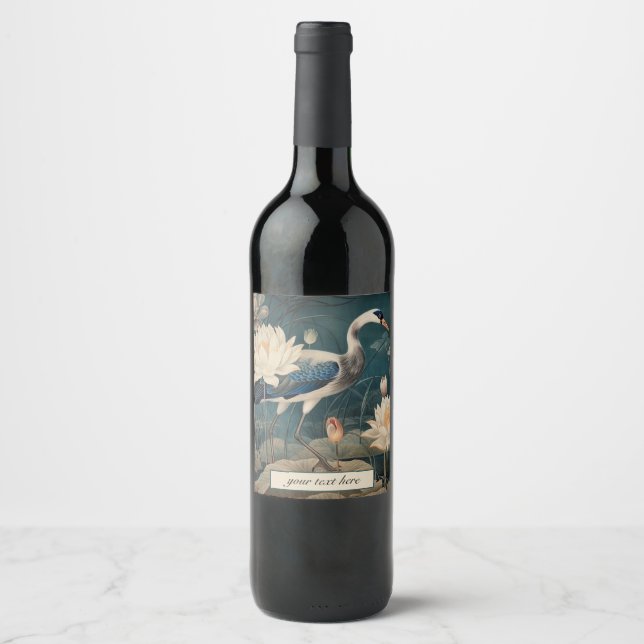 Vintager botanischer Blaukran anpassbar Weinetikett (Vorderseite)