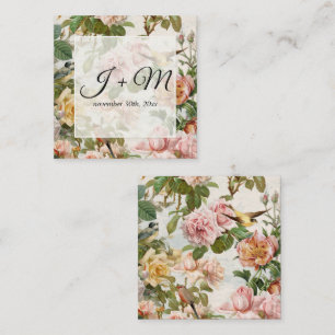 Vintager botanischer Blütenrot Rosa Gelbe Vögel Quadratische Visitenkarte