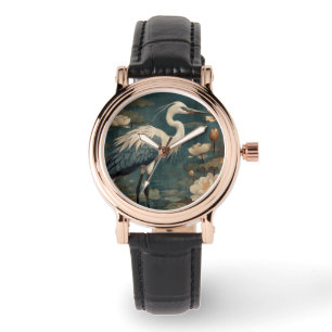 Vintager botanischer Kranich und Lotus Armbanduhr