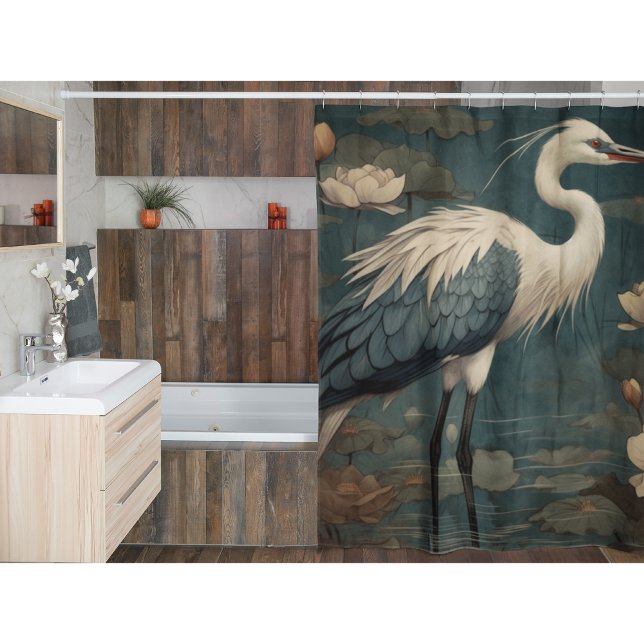 Vintager botanischer Kranich und Lotus Duschvorhang (Von Creator hochgeladen)
