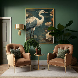 Vintager botanischer Kranich und Lotus Leinwanddruck