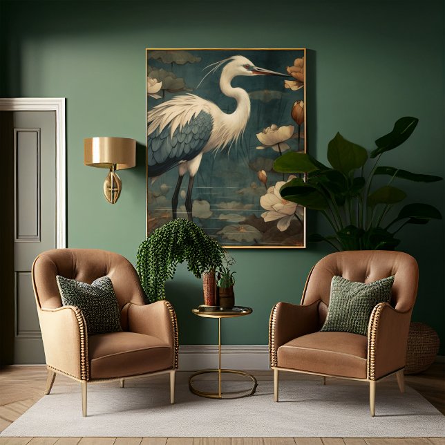 Vintager botanischer Kranich und Lotus Leinwanddruck (Von Creator hochgeladen)