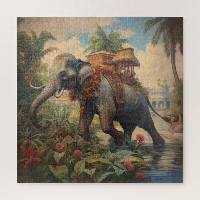 Vintager botanischer Szene-Elefant mit Hewdah (Vertikal)