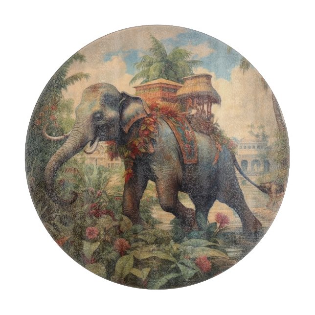Vintager botanischer Szene-Elefant mit Hewdah Schneidebrett (Vorderseite)
