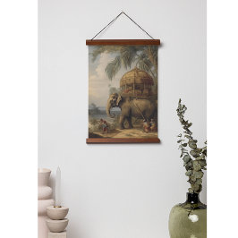 Vintager botanischer Szene-Elefant mit Howdai Wandteppich Mit Holzrahmen