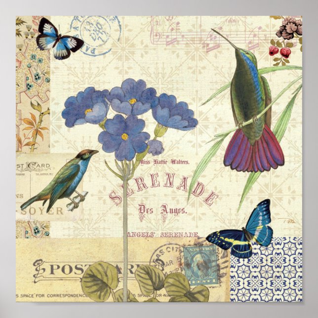 Vintager Bouquet aus Blume, Vögeln und Schmetterli Poster (Vorne)