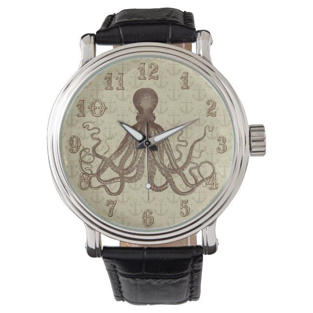 Vintager brauner Kraken mit Ankern Armbanduhr (Vorderseite)