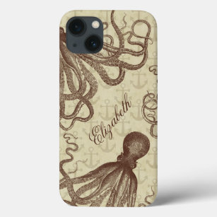Vintager brauner Kraken mit Ankern Personalisiert Case-Mate iPhone Hülle