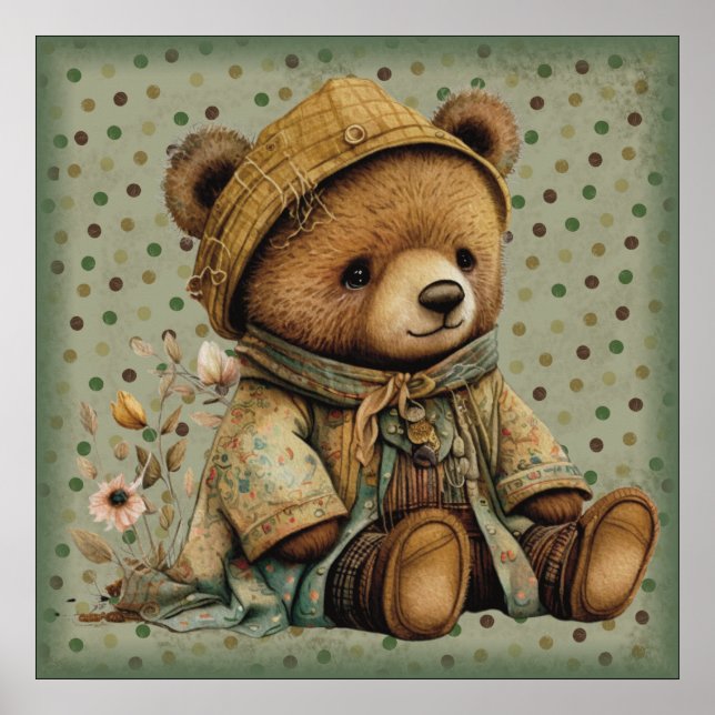 Vintager brauner Teddybär und Punkte Poster (Vorne)