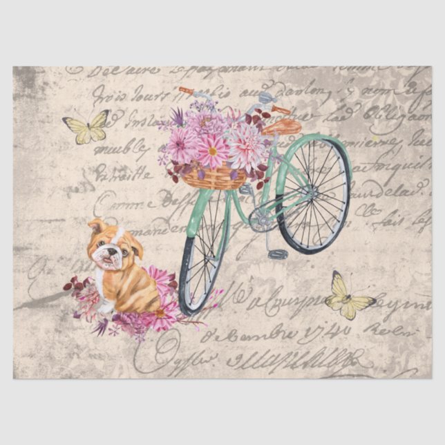 Vintager Bulldog-Blumenradfahrer Ephemera Dekoupag Seidenpapier (Vorderseite)