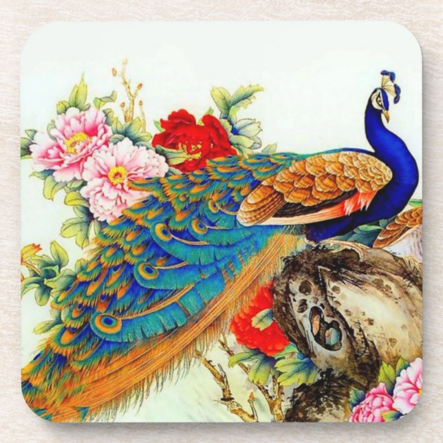 Vintager bunter Pfau Getränkeuntersetzer (Vorderseite)