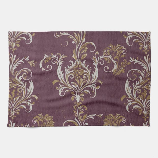 Vintager Burgund und Golddamast Geschirrtuch (Horizontal)