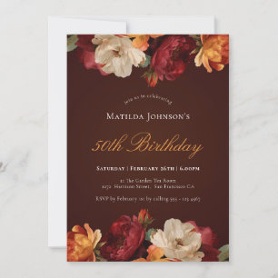 Vintager Burgundy Floral 50. Geburtstag Einladung