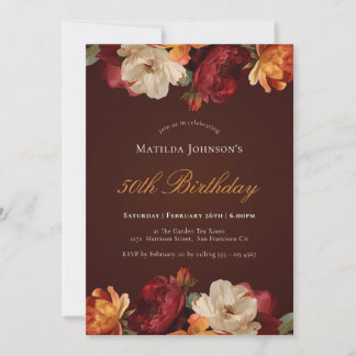 Vintager Burgundy Floral 50. Geburtstag Einladung