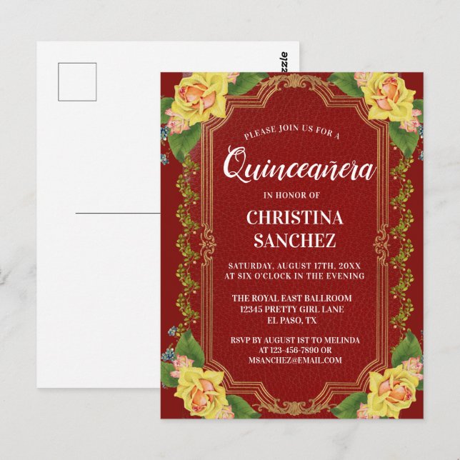 Vintager Burgundy Gelbe Rose Quinceanera Geburtsta Postkarte (Vorne/Hinten)
