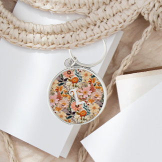 Vintager Burnt Orange Floral Monogram Schlüsselanh Schlüsselanhänger