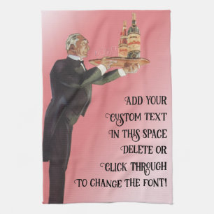 Vintager Butler in einem Tuxedo Wein auf Tray serv Geschirrtuch